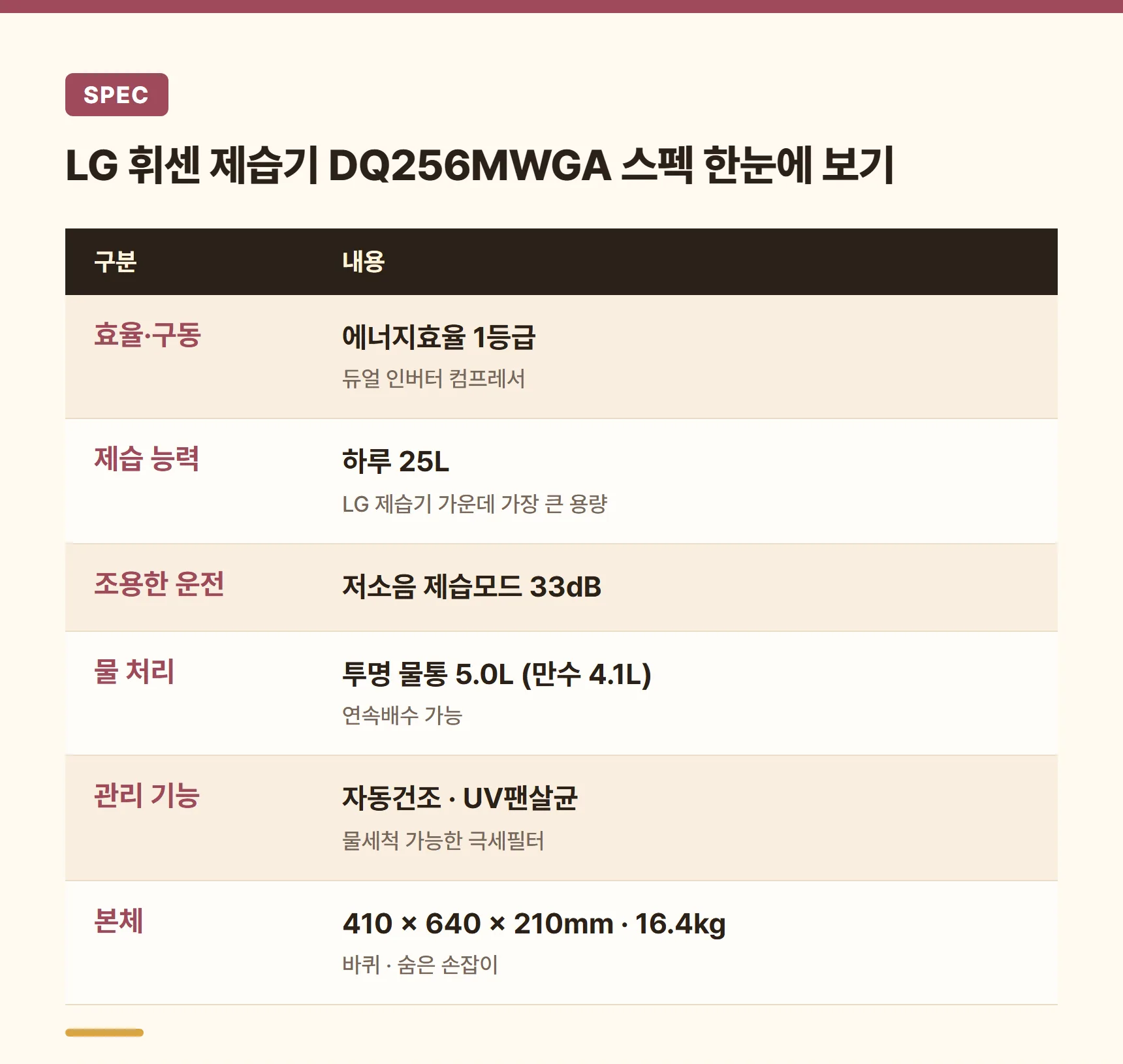 LG 휘센 제습기 DQ256MWGA 스펙 요약표 - 1등급 듀얼 인버터, 일일 제습량 25L, 저소음 모드 33dB, 물통 5.0L와 연속배수, 410 x 640 x 210mm 16.4kg
