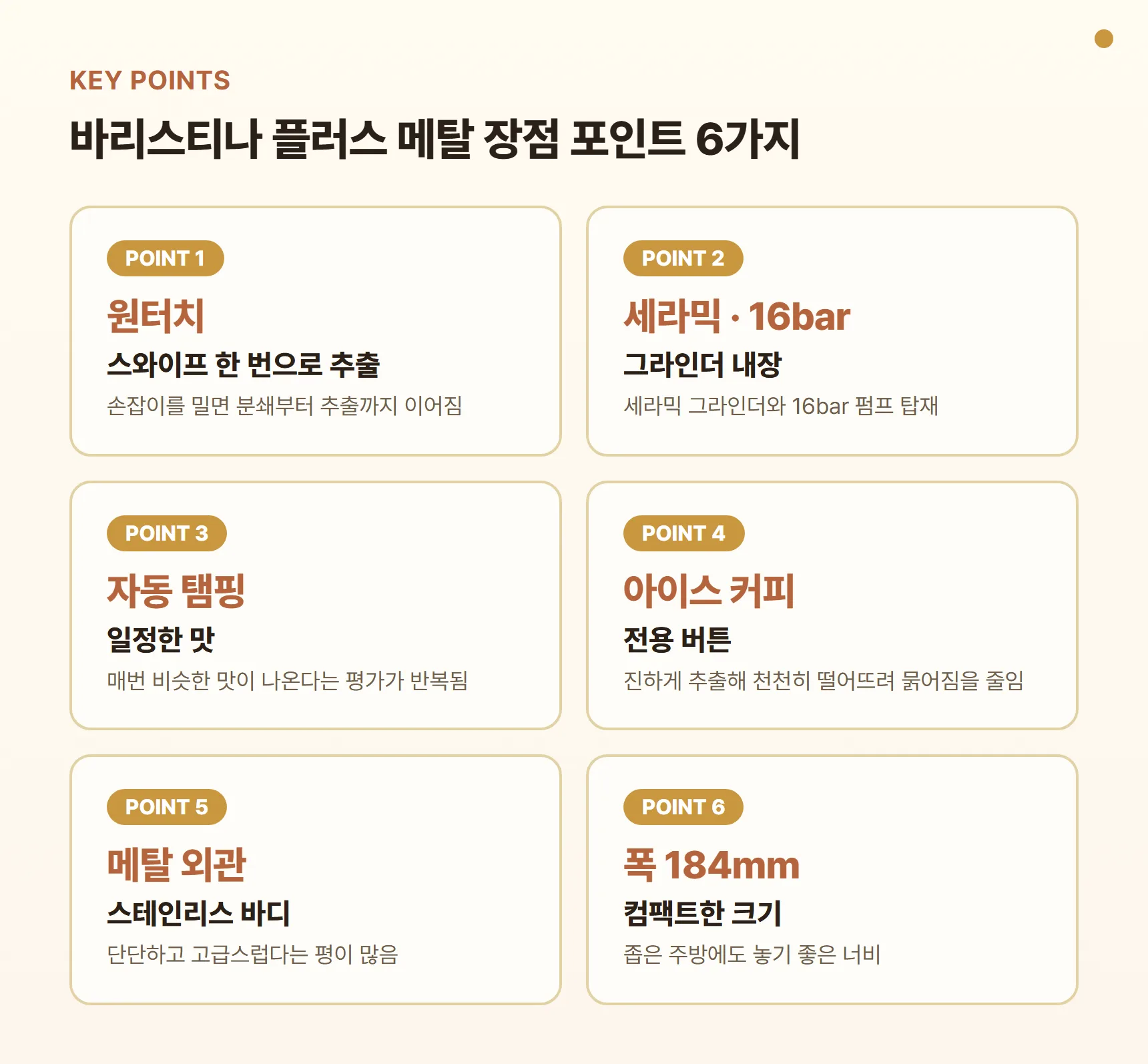 바리스티나 플러스 메탈 장점 포인트 카드 - 스와이프 원터치 추출, 세라믹 그라인더·16bar, 자동 탬핑으로 일정한 맛, 아이스 커피 버튼, 스테인리스 메탈 외관, 폭 184mm 컴팩트 크기