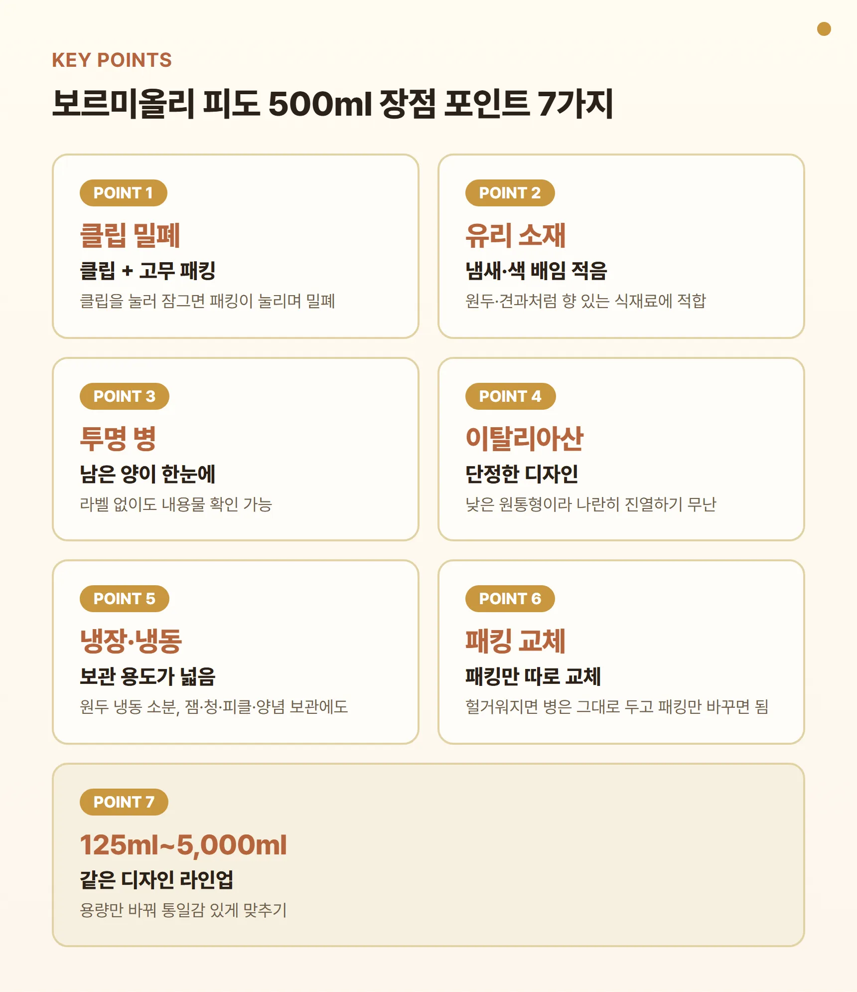 보르미올리 피도 500ml 장점 포인트 카드 - 클립+고무 패킹 밀폐, 냄새·색 배임 적은 유리, 내용물이 보이는 투명 병, 이탈리아산 디자인, 냉장·냉동 보관 가능, 패킹 별도 교체, 125ml~5,000ml 라인업