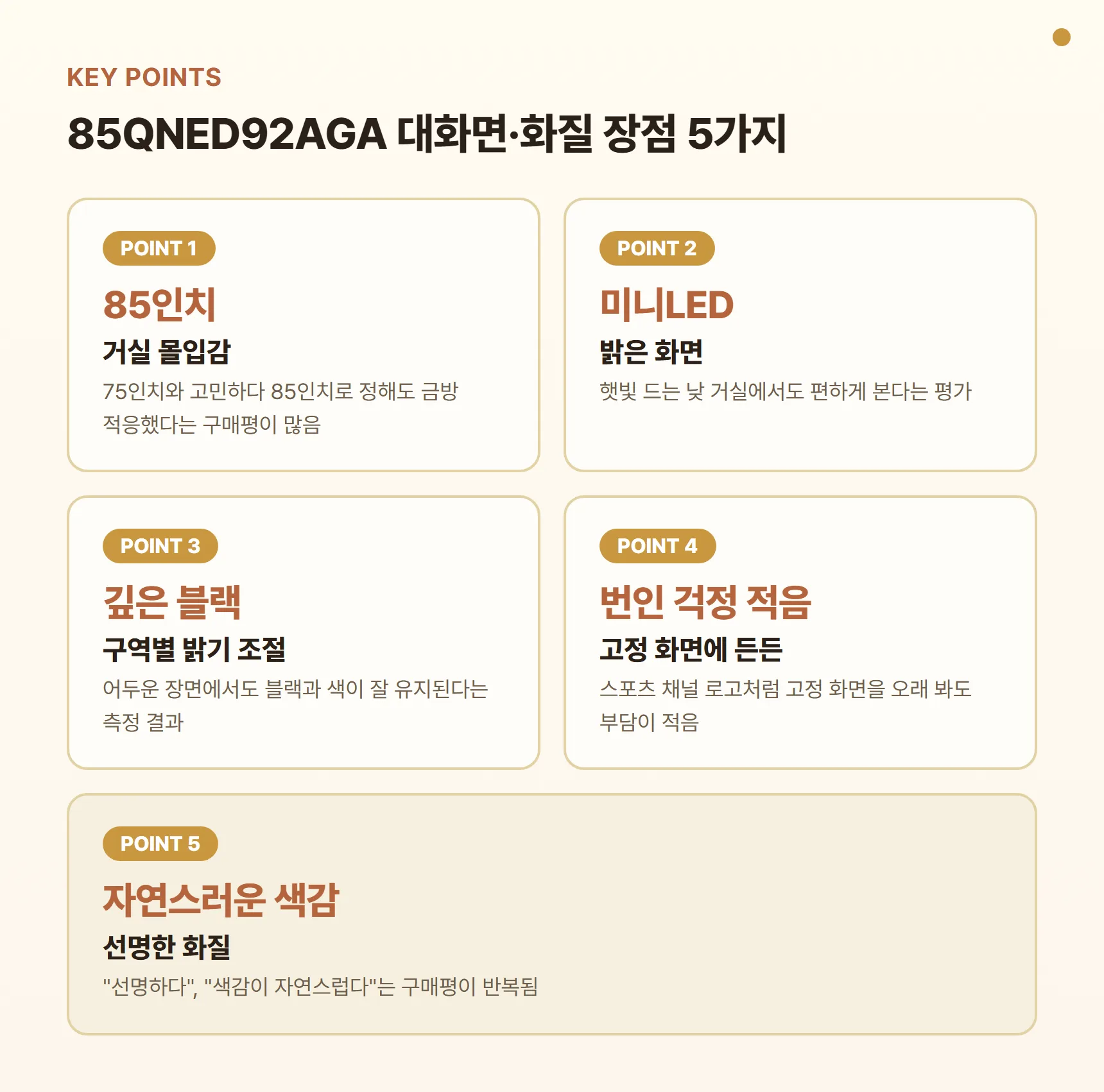 85QNED92AGA 대화면·화질 장점 카드 - 85인치 거실 몰입감, 미니LED 밝기, 깊은 블랙 표현, 번인 걱정 적음, 자연스러운 색감