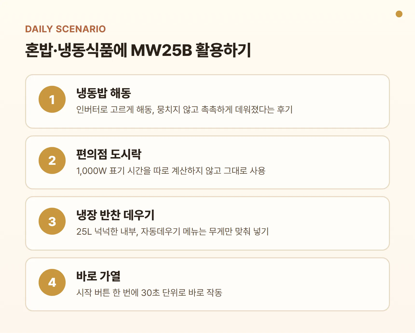 MW25B 혼밥·냉동식품 활용 시나리오 - 냉동밥 해동, 편의점 도시락 1,000W 표기 시간 그대로, 냉장 반찬 데우기, 시작 버튼 한 번에 30초 가열
