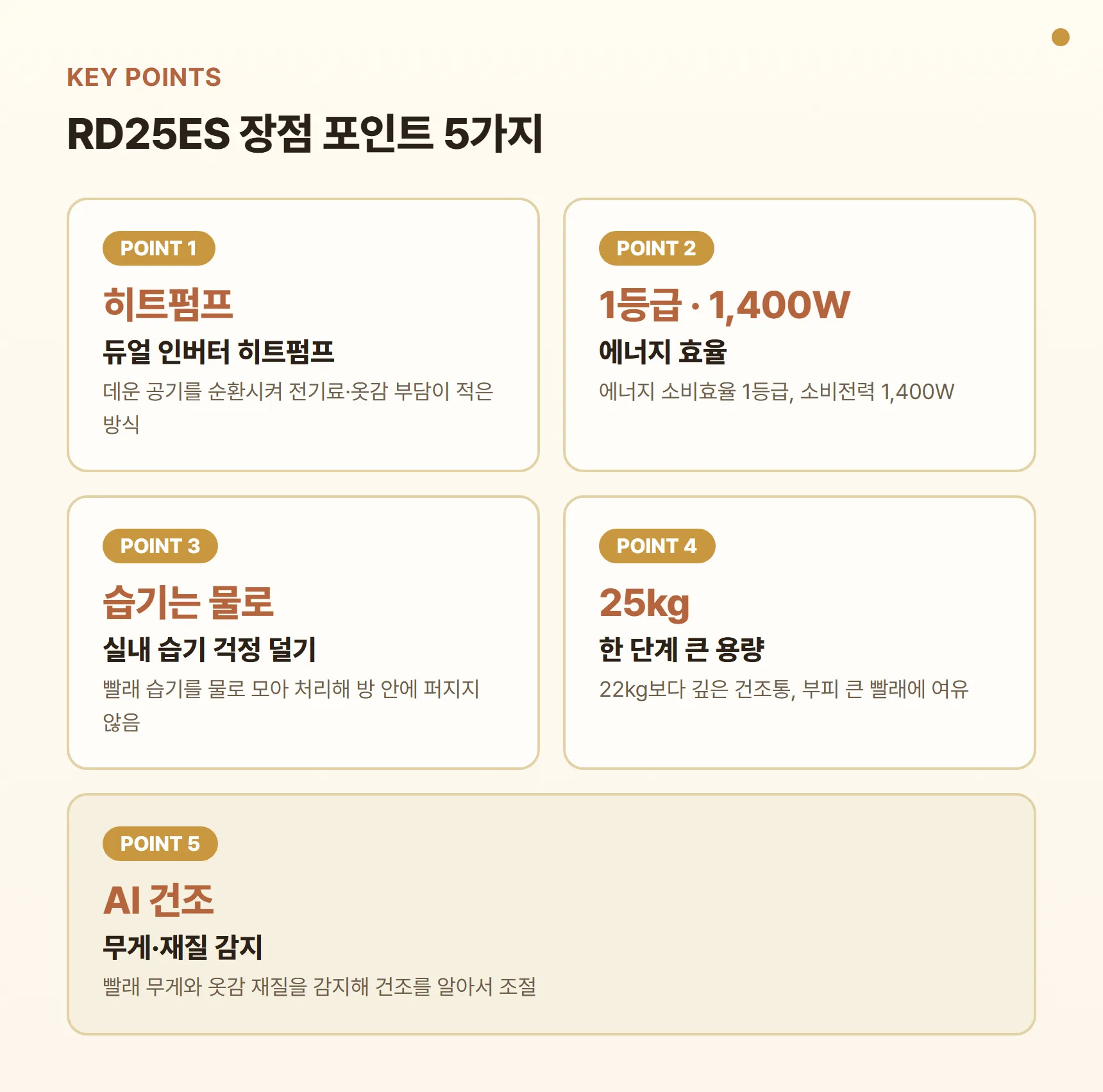 RD25ES 장점 포인트 카드 - 듀얼 인버터 히트펌프, 에너지 1등급·1,400W, 습기를 물로 모아 처리, 22kg보다 한 단계 큰 25kg, AI 건조로 무게·재질 감지