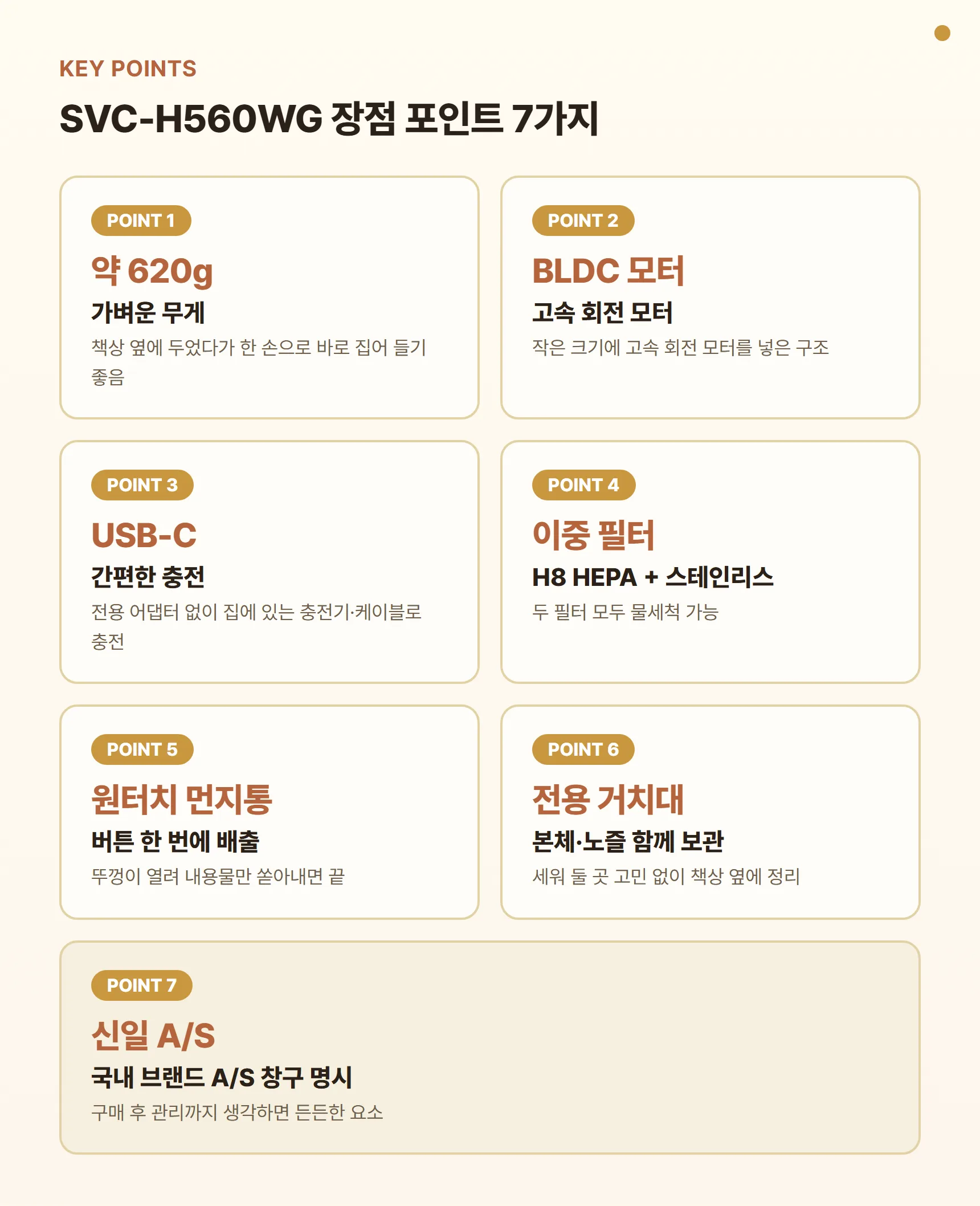 신일 핸디청소기 SVC-H560WG 장점 포인트 카드 - 약 620g 가벼운 무게, BLDC 모터, USB-C 충전, H8 HEPA+스테인리스 이중 필터 물세척, 원터치 먼지통, 전용 거치대, 신일 A/S