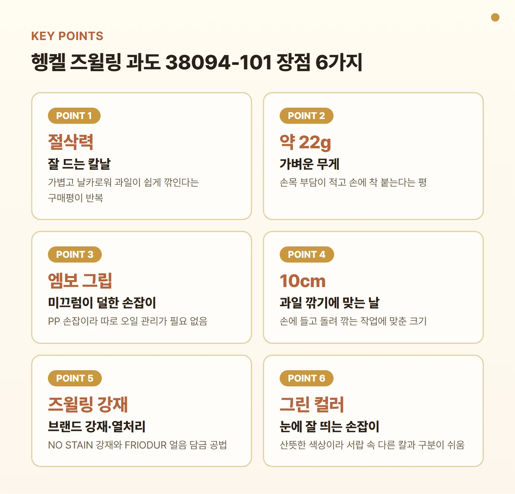 헹켈 즈윌링 과도 38094-101 장점 포인트 카드 - 잘 드는 절삭력, 약 22g 가벼운 무게, 엠보 처리 그립, 과일 깎기에 맞는 10cm 칼날, 즈윌링 브랜드 강재, 눈에 잘 띄는 그린 손잡이
