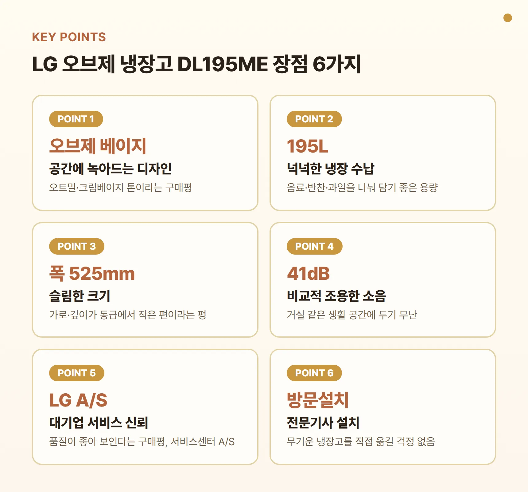 LG 오브제 냉장고 DL195ME 장점 포인트 카드 - 오브제컬렉션 베이지 디자인, 195L 넉넉한 냉장 수납, 폭 525mm 슬림한 크기, 41dB 비교적 조용한 소음, LG전자 A/S, 전문기사 방문설치