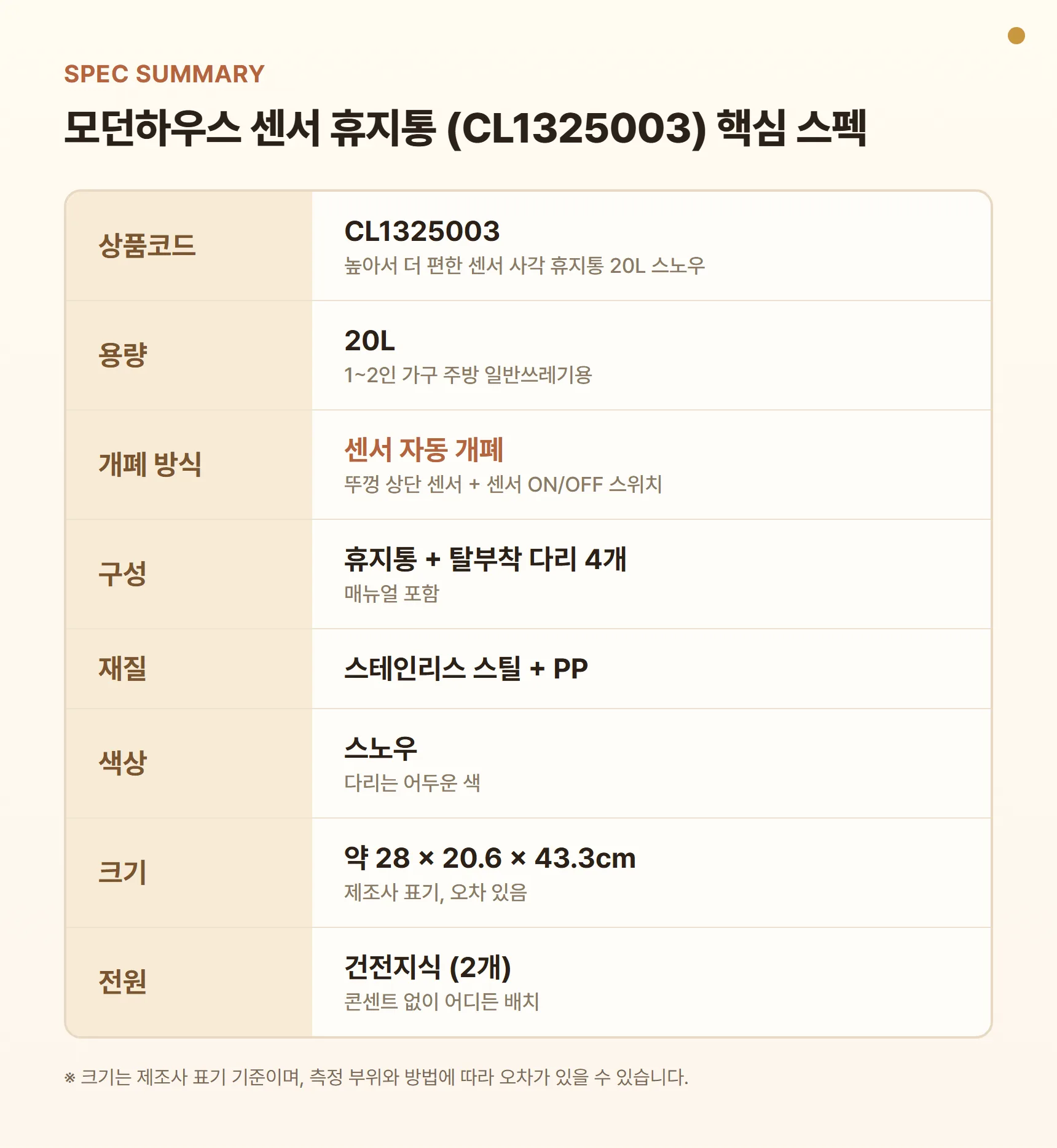 모던하우스 센서 휴지통 CL1325003 핵심 스펙 요약표 - 용량 20L, 센서 자동 개폐, 탈부착 다리 4개, 스테인리스 스틸 + PP, 스노우 컬러, 약 28 × 20.6 × 43.3cm, 건전지식