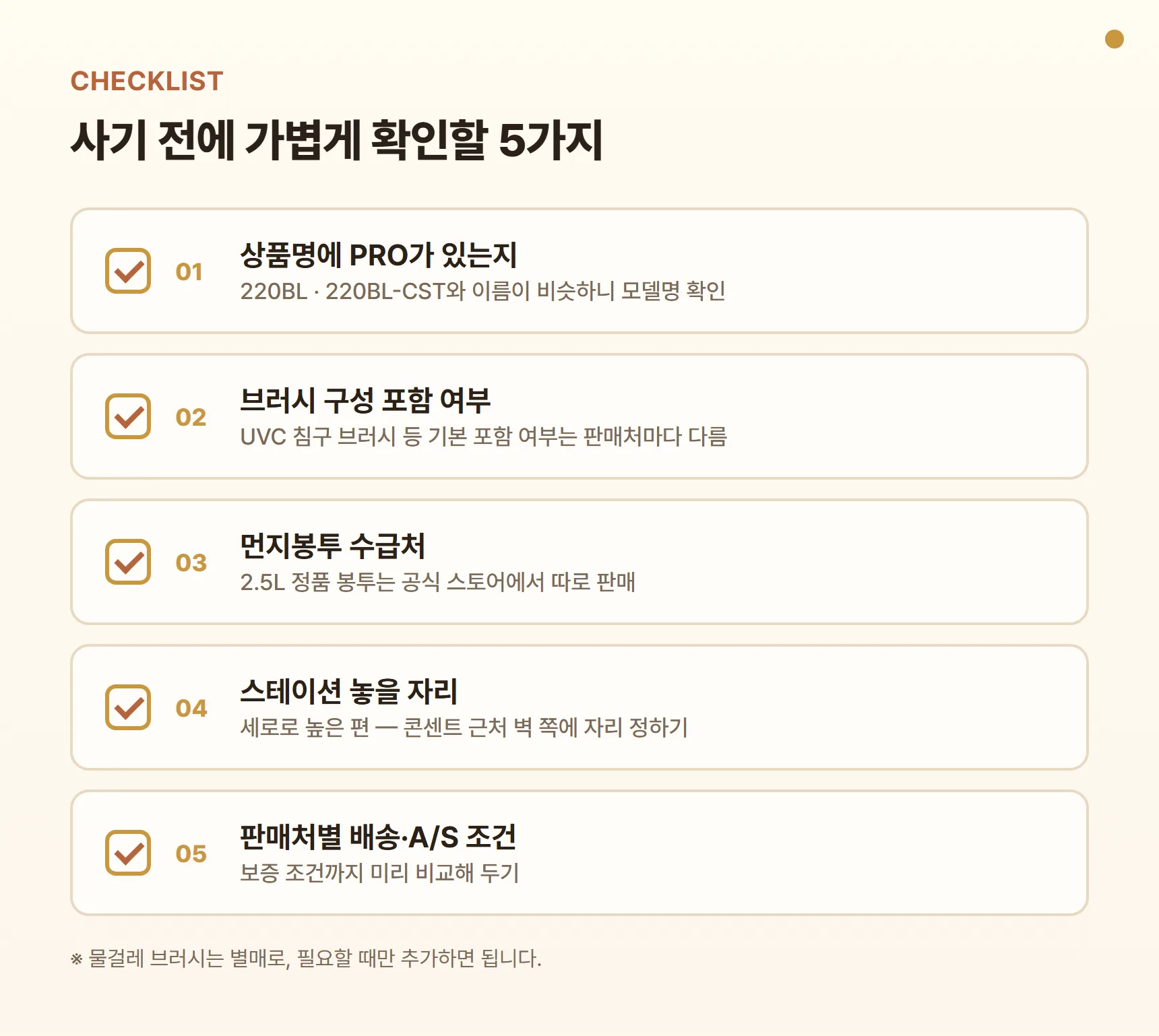 홈리아 220BL-CST-PRO 구매 전 체크리스트 — 상품명 PRO 여부, 브러시 구성 포함 여부, 먼지봉투 수급처, 스테이션 놓을 자리, 판매처별 배송·A/S 조건