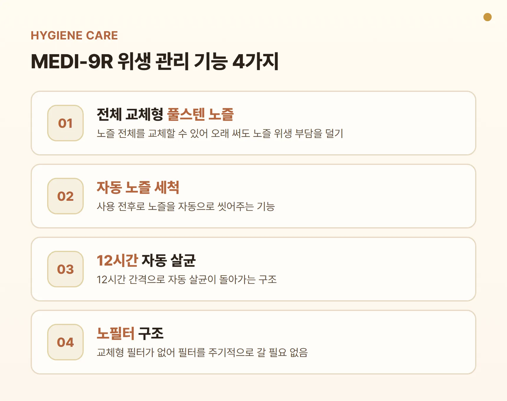 MEDI-9R 위생 관리 기능 카드 - 전체 교체형 풀스텐 노즐, 자동 노즐 세척, 12시간 자동살균, 노필터 구조로 필터 교체 없음