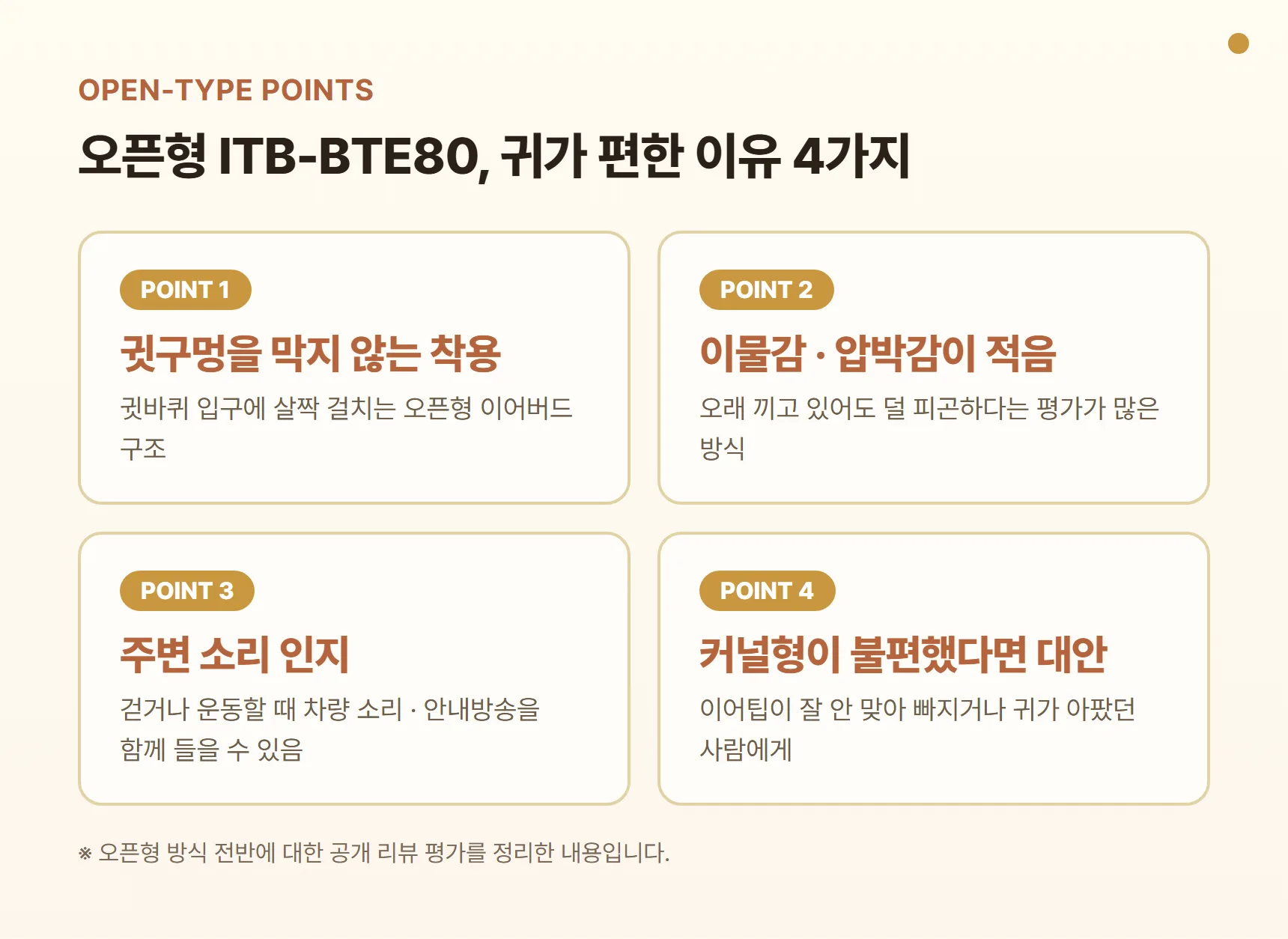 오픈형 이어폰 ITB-BTE80 장점 포인트 카드 - 귓구멍을 막지 않는 착용, 이물감·압박감이 적음, 주변 소리 인지, 커널형이 불편한 사람의 대안
