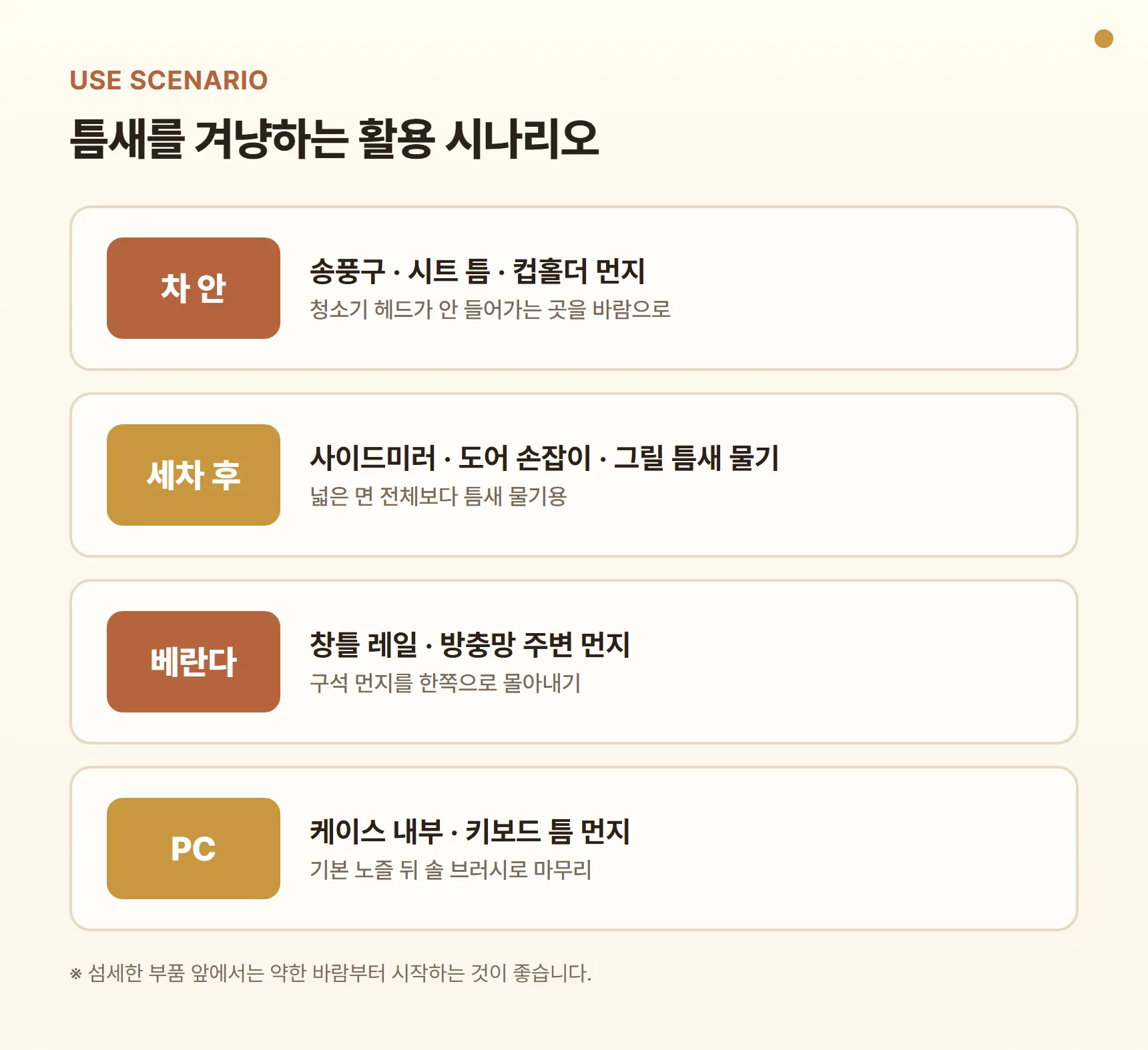 벤딕트 무선 에어건 VDT-AD1S 활용 시나리오 - 차 안(송풍구·시트 틈 먼지), 세차 후(사이드미러·도어 손잡이 틈새 물기), 베란다(창틀 레일·방충망 먼지), PC(케이스 내부·키보드 틈)