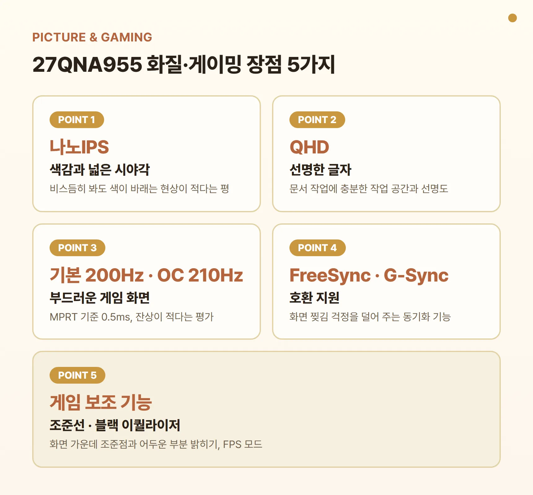 27QNA955 화질·게이밍 장점 카드 - 나노IPS 색감과 넓은 시야각, QHD 선명한 글자, 기본 200Hz·MPRT 기준 0.5ms 잔상 적은 화면, FreeSync·G-Sync 호환, 조준선·블랙 이퀄라이저