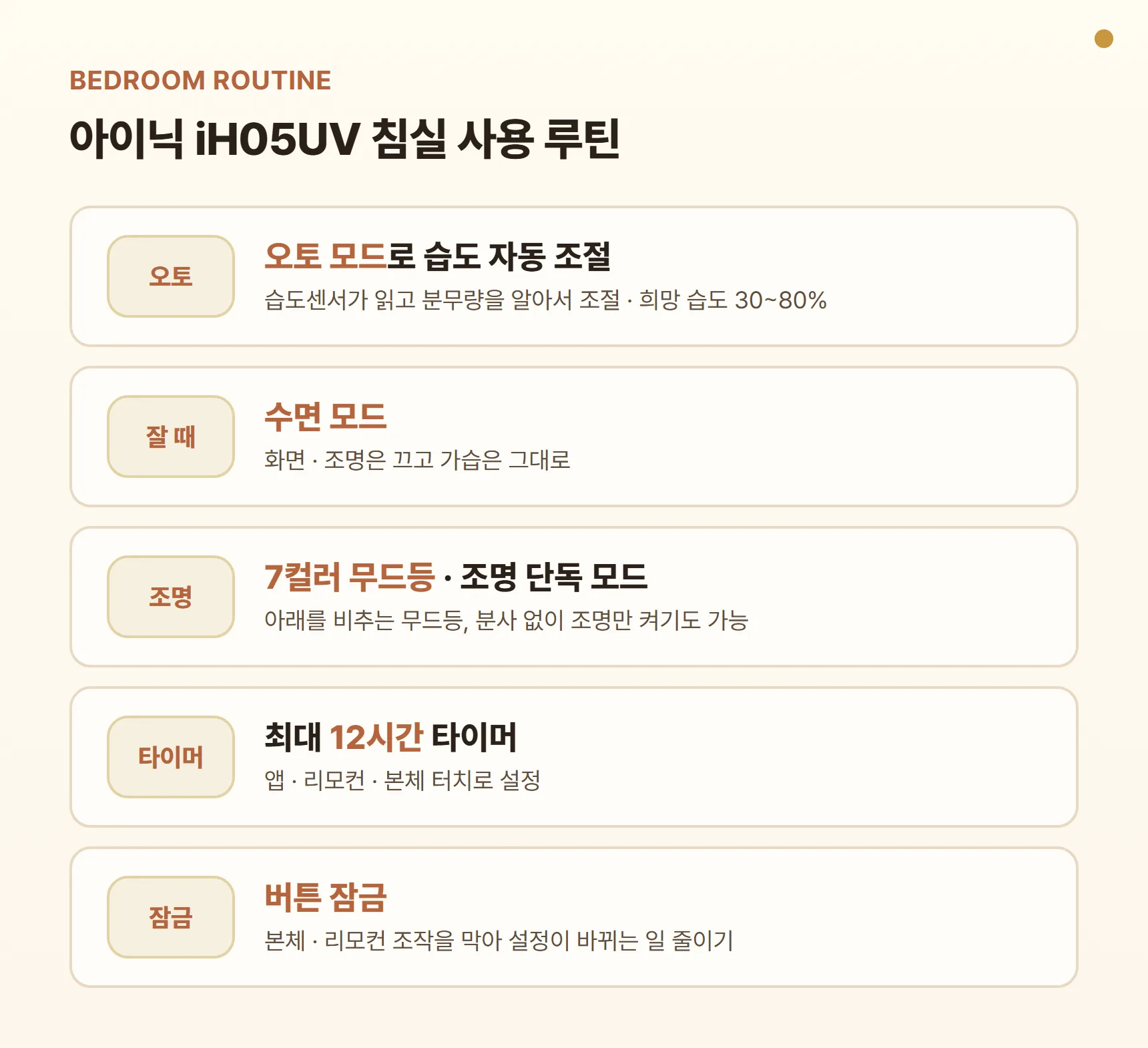 아이닉 iH05UV 침실 사용 루틴 카드 - 오토 모드로 습도 자동 조절, 수면 모드로 화면·조명 끄기, 7컬러 무드등·조명 단독 모드, 타이머 최대 12시간, 버튼 잠금