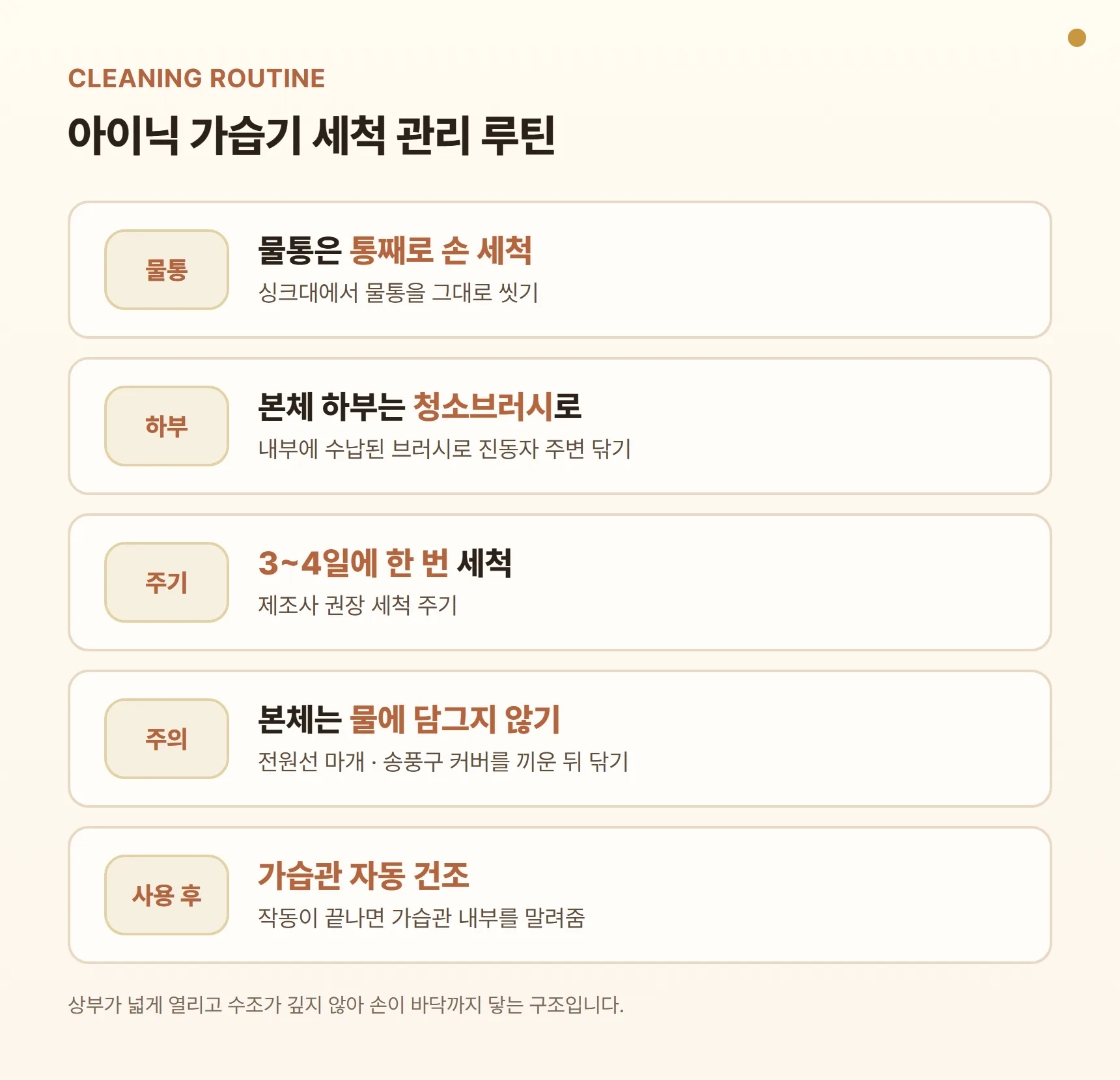 아이닉 가습기 세척 관리 루틴 - 물통은 통째로 손 세척, 본체 하부는 청소브러시로 진동자 주변, 3~4일에 한 번 세척, 본체는 물에 담그지 않기, 사용 후 자동 건조