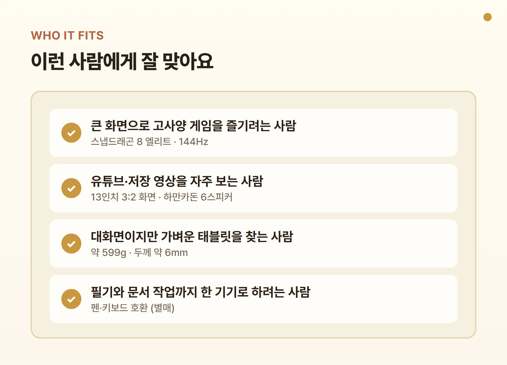 리전 Y900 13이 잘 맞는 사람 4가지 유형 - 대화면 게임, 영상 감상, 가벼운 대화면, 필기·문서 확장