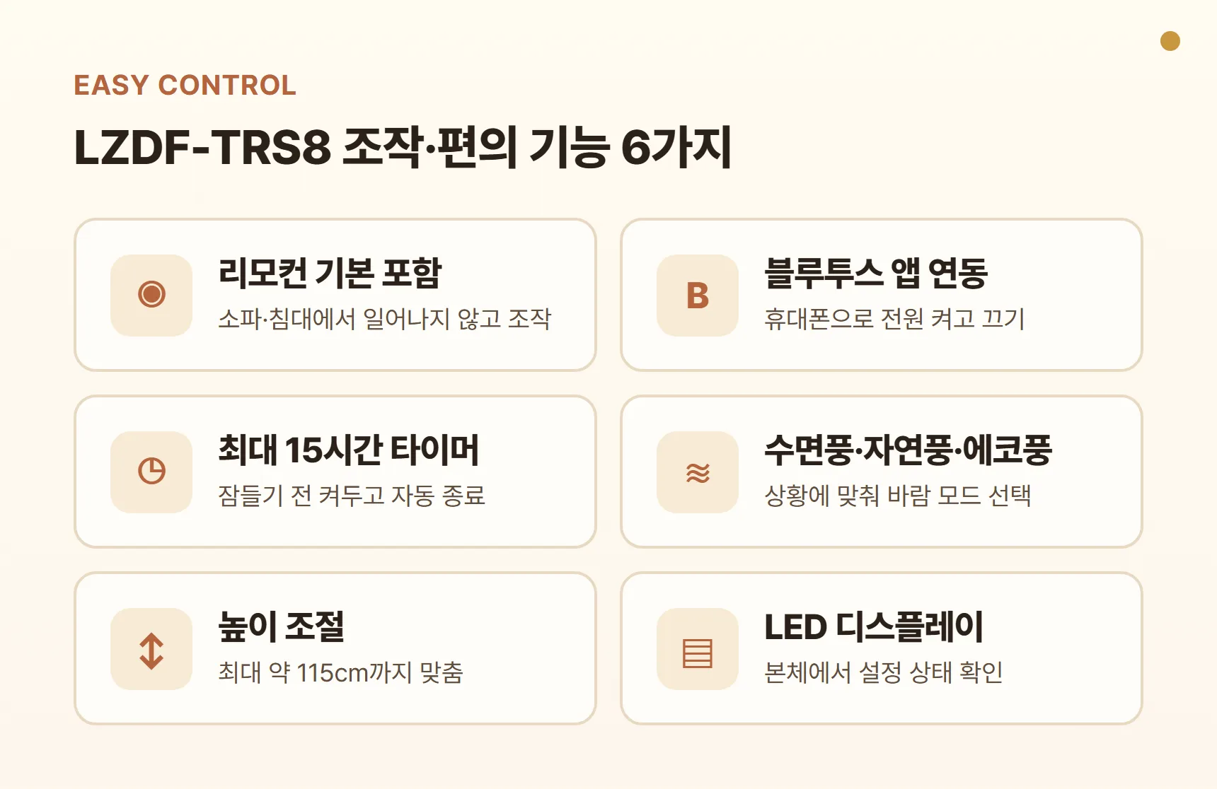 르젠 LZDF-TRS8 기능 카드 - 리모컨 기본 포함, 블루투스 앱 연동, 최대 15시간 타이머, 수면풍·자연풍·에코풍, 높이 조절, LED 디스플레이