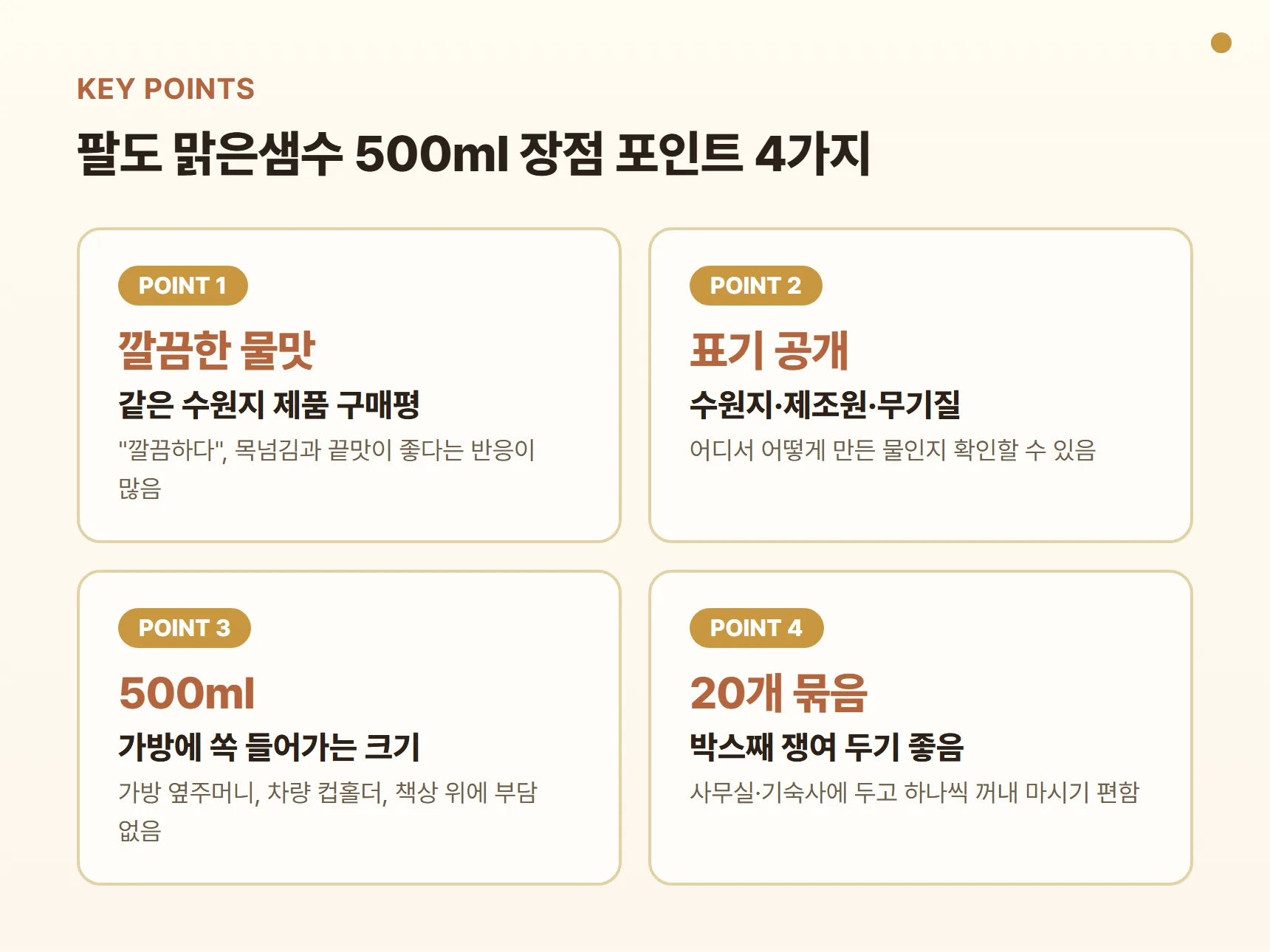 팔도 맑은샘수 500ml 장점 포인트 카드 - 같은 수원지 제품 구매평의 깔끔한 물맛, 수원지·제조원·무기질 공개, 가방에 쏙 들어가는 500ml, 박스째 쟁여 두기 좋은 20개 묶음