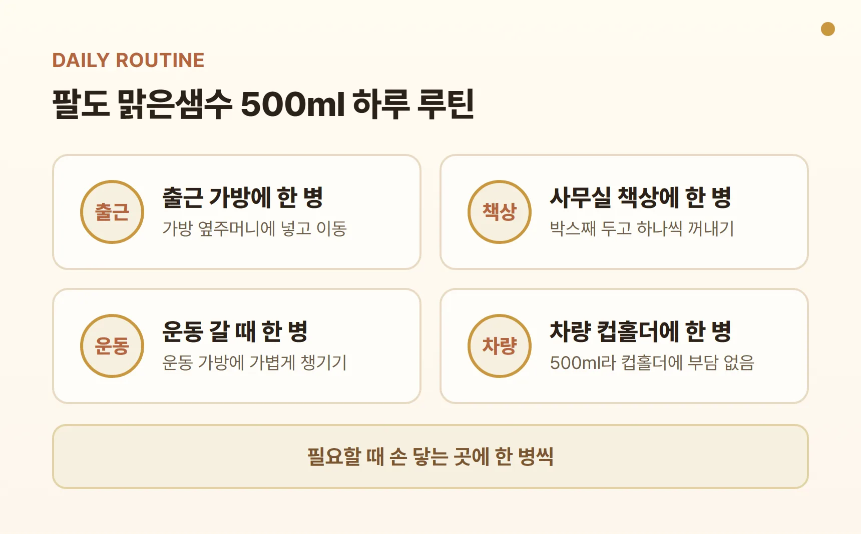팔도 맑은샘수 500ml 하루 루틴 카드 - 출근 가방에 한 병, 사무실 책상에 한 병, 운동 갈 때 한 병, 차량 컵홀더에 한 병