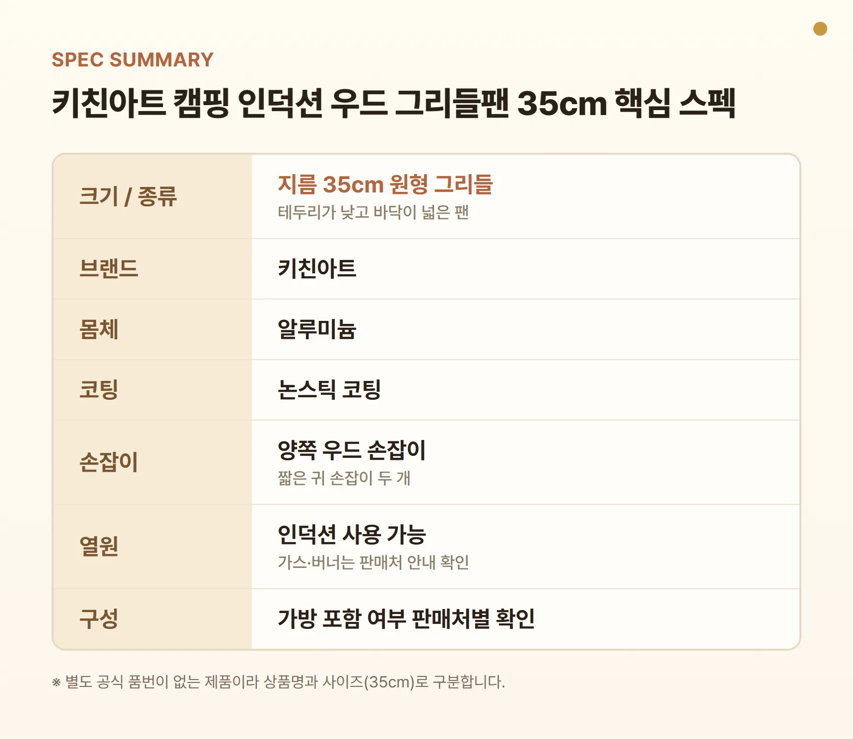 키친아트 캠핑 인덕션 우드 그리들팬 35cm 스펙 요약표 - 지름 35cm 원형 그리들, 알루미늄 몸체, 논스틱 코팅, 양쪽 우드 손잡이, 인덕션 사용 가능, 가방 포함 여부는 판매처별 확인
