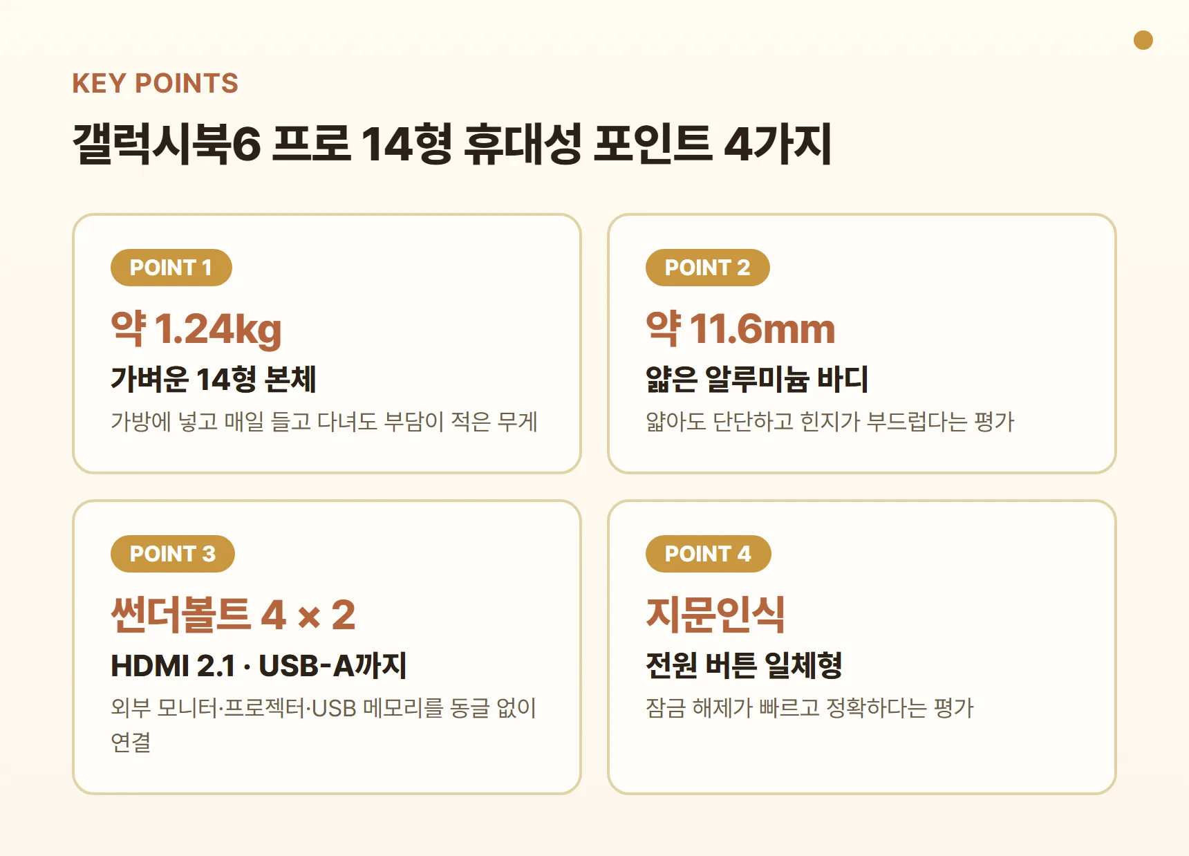 갤럭시북6 프로 14형 장점 포인트 카드 - 약 1.24kg 가벼운 무게, 약 11.6mm 얇은 알루미늄 바디, 썬더볼트 4 2개·HDMI 2.1·USB-A, 전원 버튼 지문인식