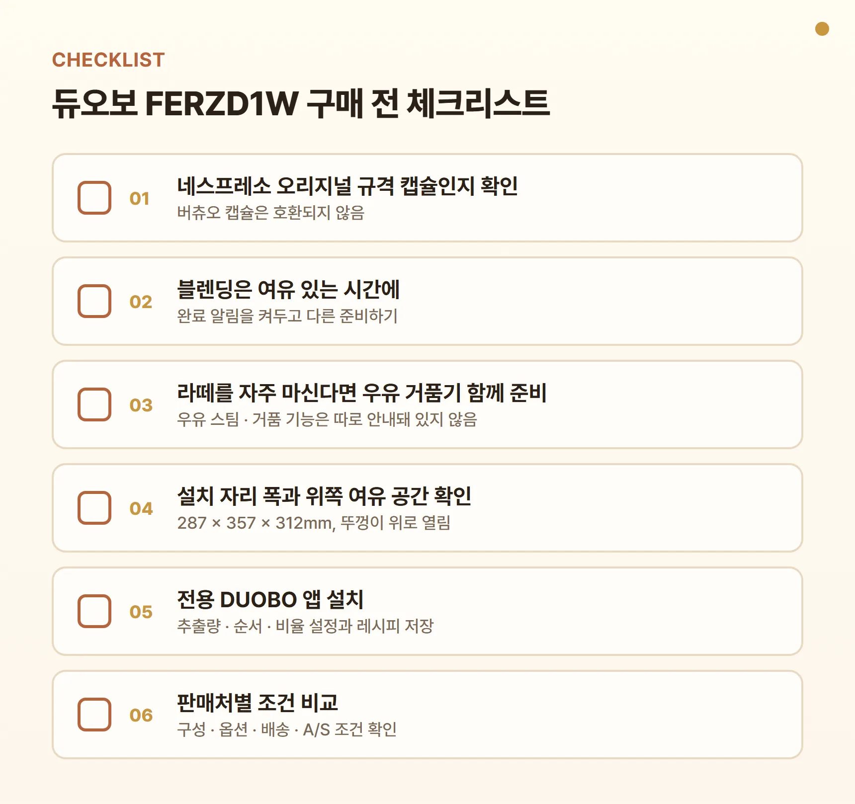 듀오보 FERZD1W 구매 전 체크리스트 - 네스프레소 오리지널 규격 캡슐 확인, 여유 있는 시간에 블렌딩, 라떼는 우유 거품기 준비, 설치 자리 치수 확인, 전용 앱 설치, 판매처별 조건 비교