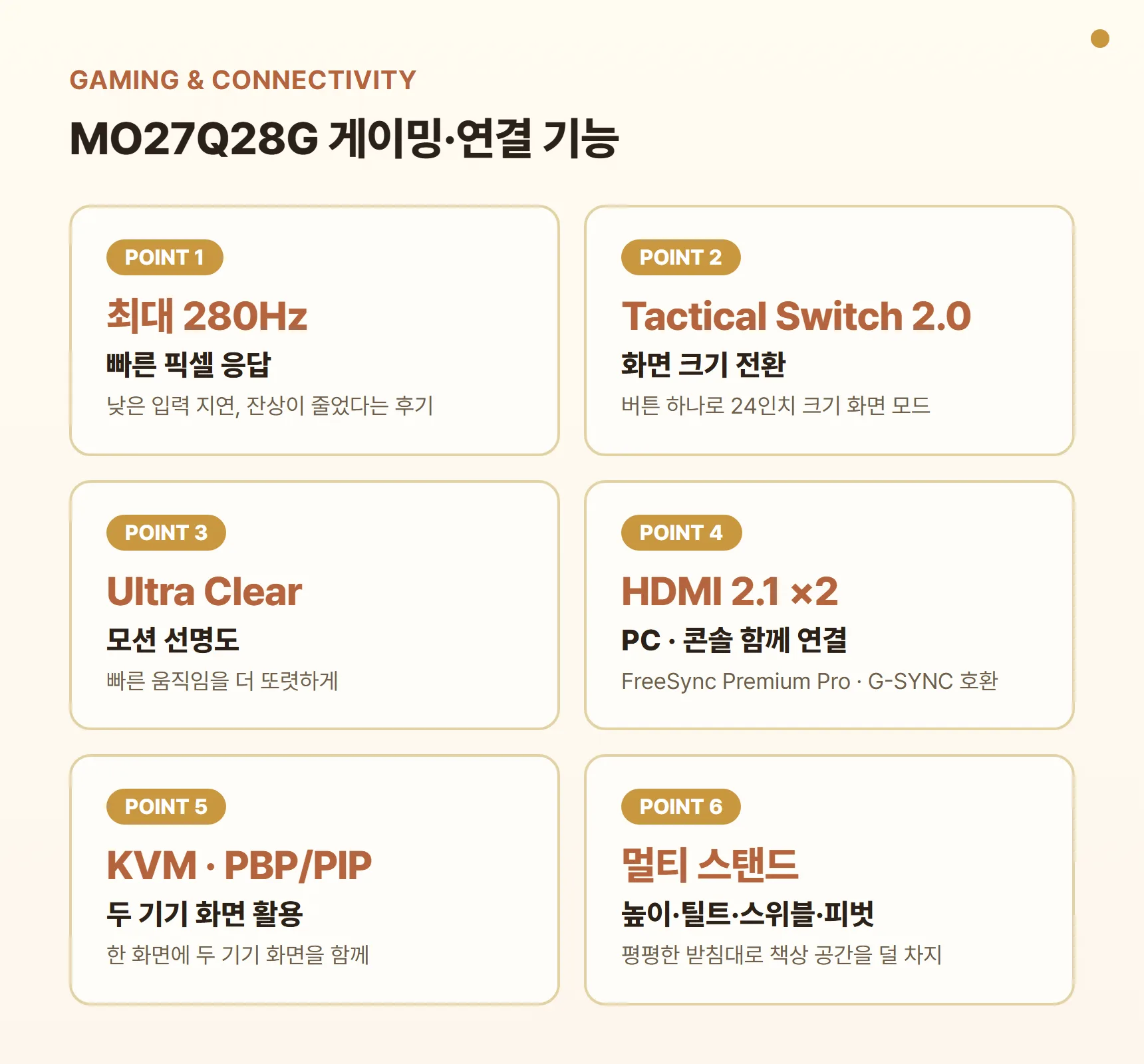 MO27Q28G 게이밍·연결 기능 카드 - 최대 280Hz와 빠른 픽셀 응답, Tactical Switch 2.0 화면 크기 전환, Ultra Clear 모션 선명도, HDMI 2.1 두 개로 PC·콘솔 함께 연결, KVM·PBP/PIP, 높이·틸트·스위블·피벗 스탠드