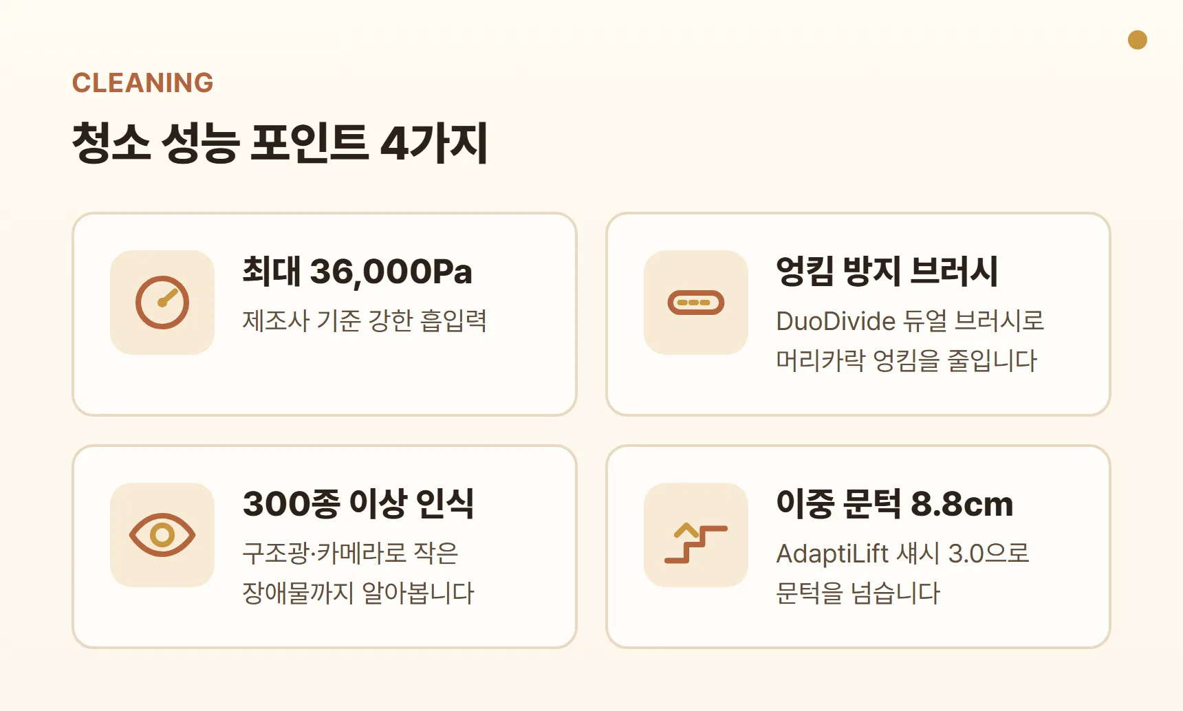 로보락 S10 MaxV Ultra 청소 성능 포인트 카드 — 최대 36,000Pa 흡입력, DuoDivide 듀얼 브러시 엉킴 방지, 300종 이상 장애물 인식, 이중 문턱 8.8cm