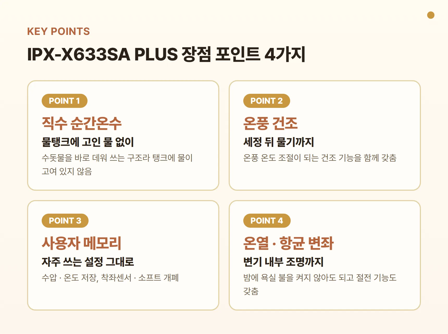 IPX-X633SA PLUS 장점 포인트 카드 - 물탱크 없는 직수, 온풍 건조 포함, 사용자 메모리·착좌센서, 온열·항균 변좌와 변기 내부 조명