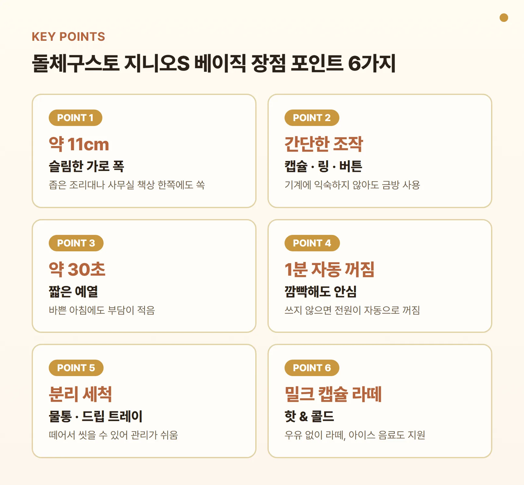 돌체구스토 지니오S 베이직 장점 포인트 카드 - 가로 폭 약 11cm 슬림 디자인, 간단한 조작, 예열 약 30초, 1분 자동 꺼짐, 물통·트레이 분리 세척, 밀크 캡슐 라떼, 핫&콜드