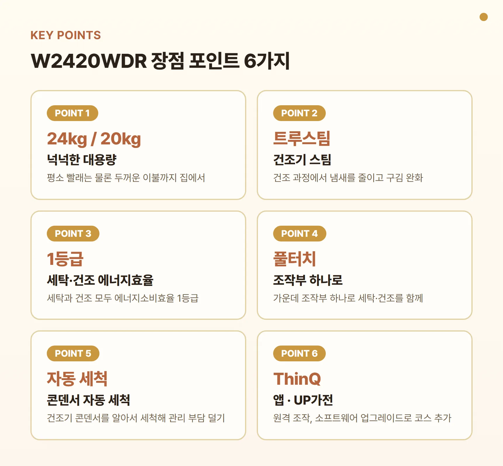 LG 트롬 워시타워 W2420WDR 장점 포인트 카드 - 세탁 24kg·건조 20kg 대용량, 건조기 트루스팀, 세탁·건조 에너지효율 1등급, 풀터치 조작부 하나로 세탁·건조, 콘덴서 자동 세척, ThinQ 앱·UP가전