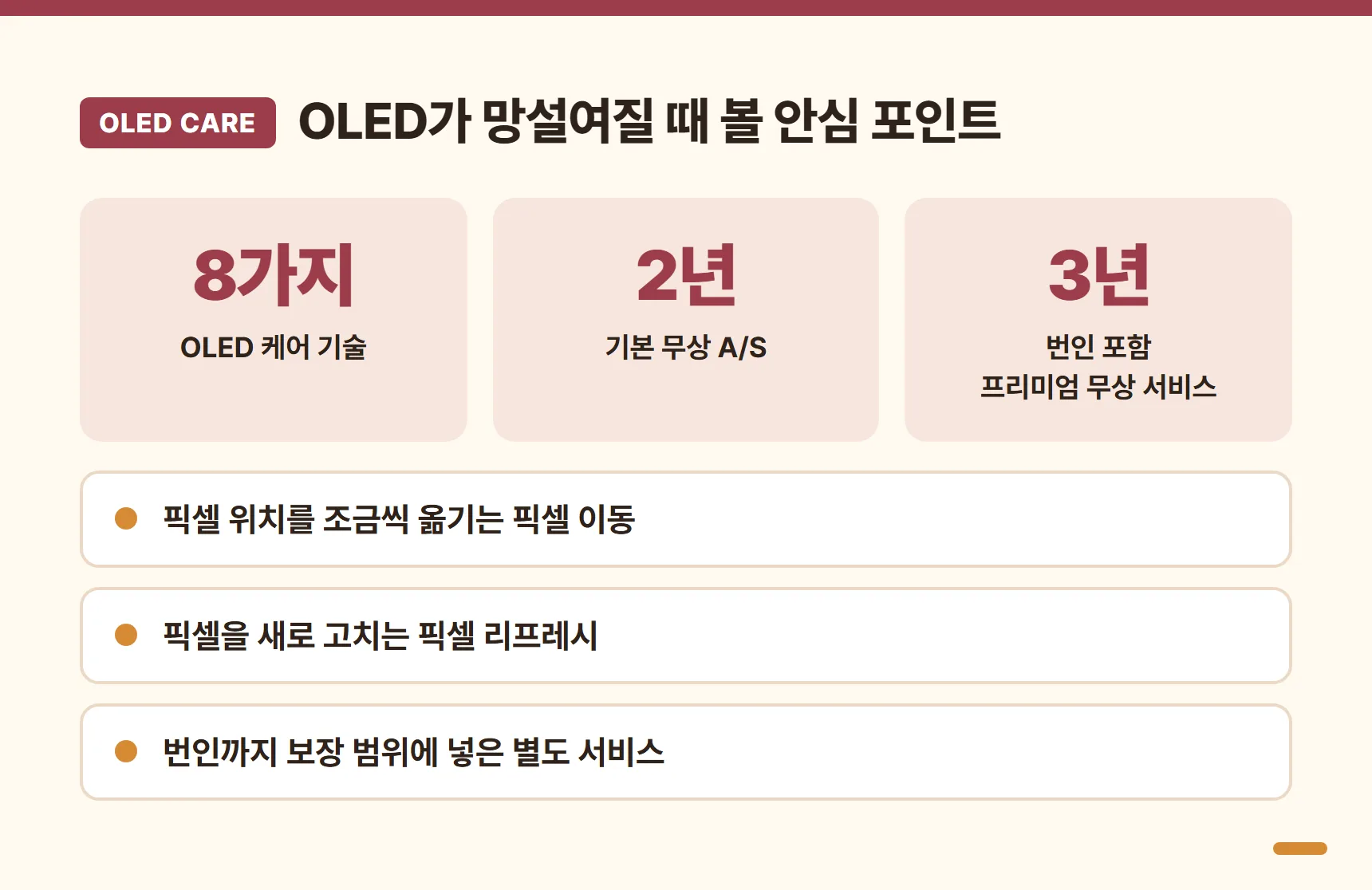 AG326UZD OLED 안심 포인트 카드 - 8가지 OLED 케어 기술, 픽셀 이동·픽셀 리프레시 같은 보호 기능, 2년 무상 A/S, 번인 포함 3년 프리미엄 무상 서비스