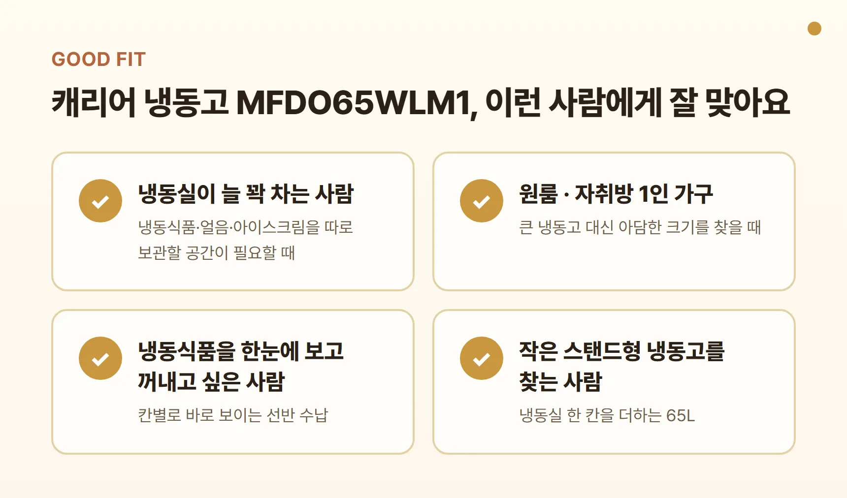 캐리어 냉동고 MFDO65WLM1 이런 사람에게 잘 맞아요 카드 - 냉동실이 늘 꽉 차는 사람, 원룸·자취방 1인 가구, 냉동식품을 한눈에 보고 꺼내고 싶은 사람, 작은 스탠드형 냉동고를 찾는 사람