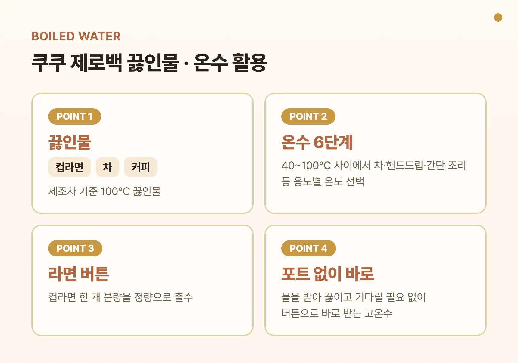 쿠쿠 제로백 끓인물·온수 활용 카드 - 끓인물: 컵라면·차·커피, 온수 6단계: 용도별 온도 선택, 라면 버튼: 정량 출수, 포트 없이 바로 받는 고온수