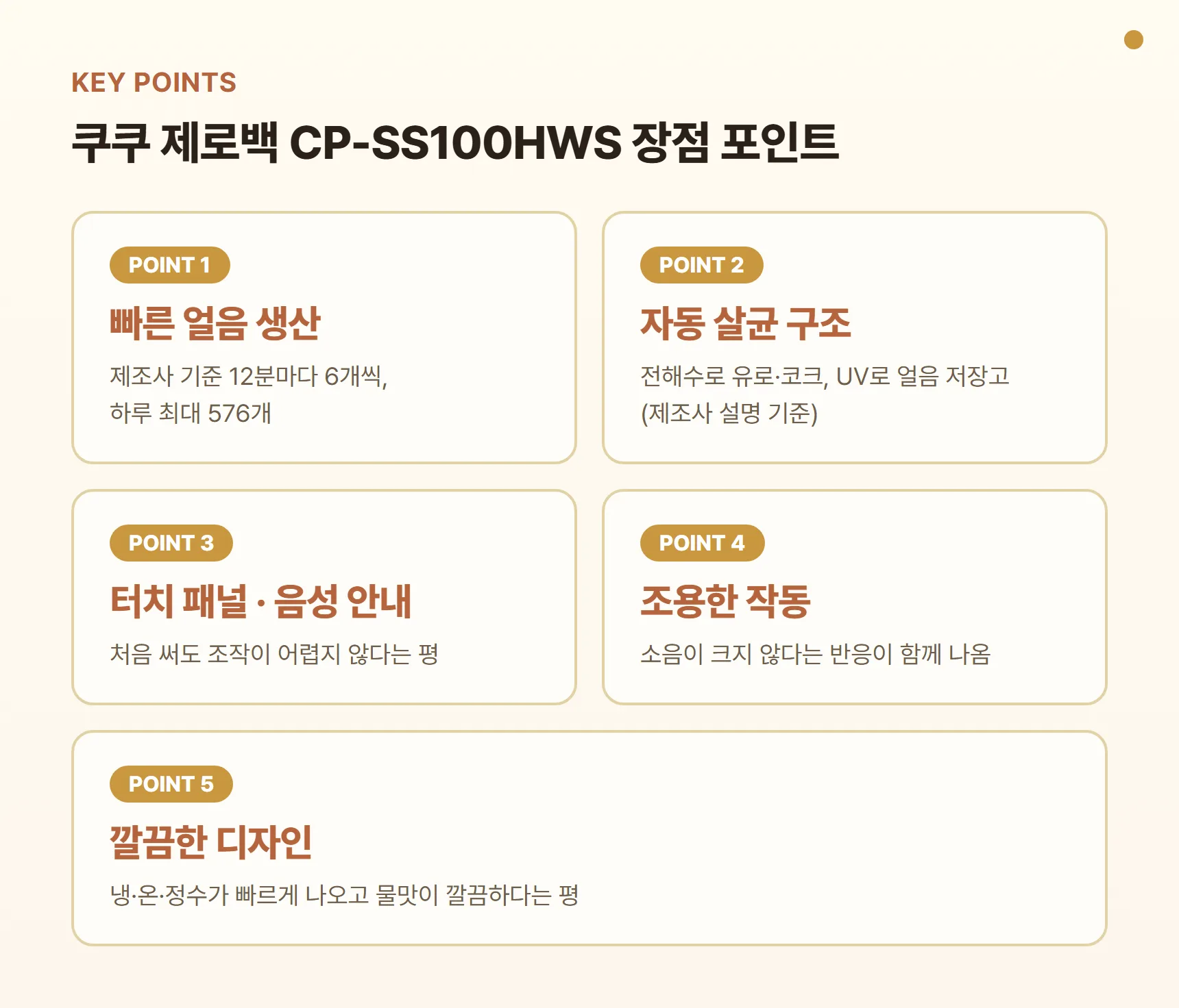 쿠쿠 제로백 CP-SS100HWS 장점 포인트 카드 - 빠른 얼음 생산, 전해수·UV 자동 살균 구조, 터치 패널·음성 안내, 조용한 작동, 깔끔한 디자인