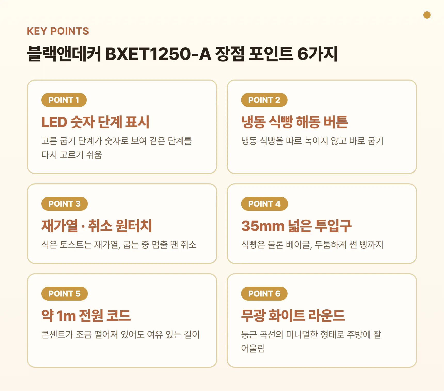블랙앤데커 BXET1250-A 장점 포인트 카드 - LED 숫자 단계 표시, 냉동 식빵 해동 버튼, 재가열·취소 원터치, 35mm 넓은 투입구, 약 1m 전원 코드, 무광 화이트 라운드 디자인