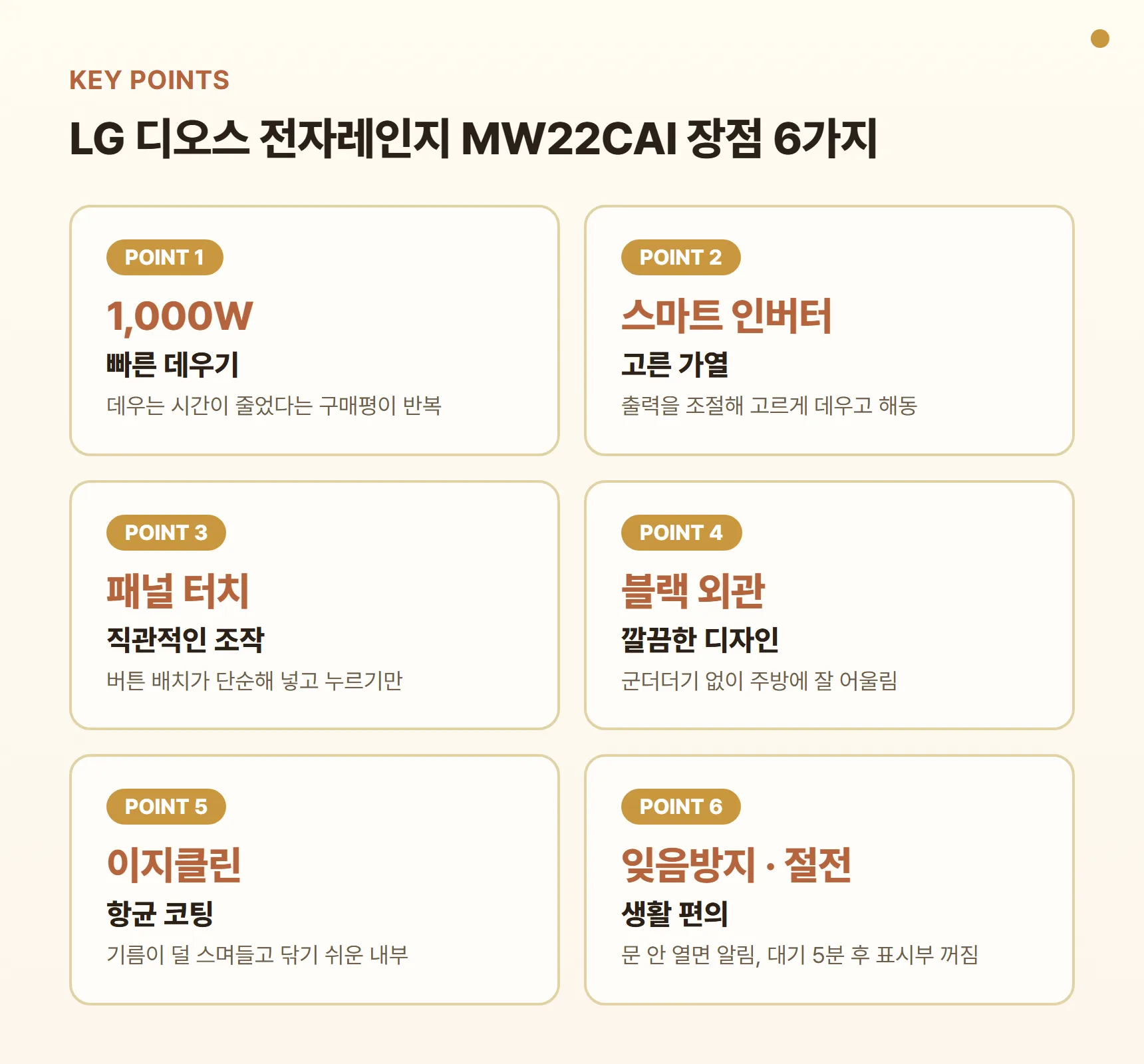 LG 디오스 전자레인지 MW22CAI 장점 포인트 카드 - 1,000W 빠른 데우기, 스마트 인버터 고른 가열, 직관적인 패널 터치, 깔끔한 블랙 외관, 항균 이지클린 코팅, 잊음방지·절전 기능