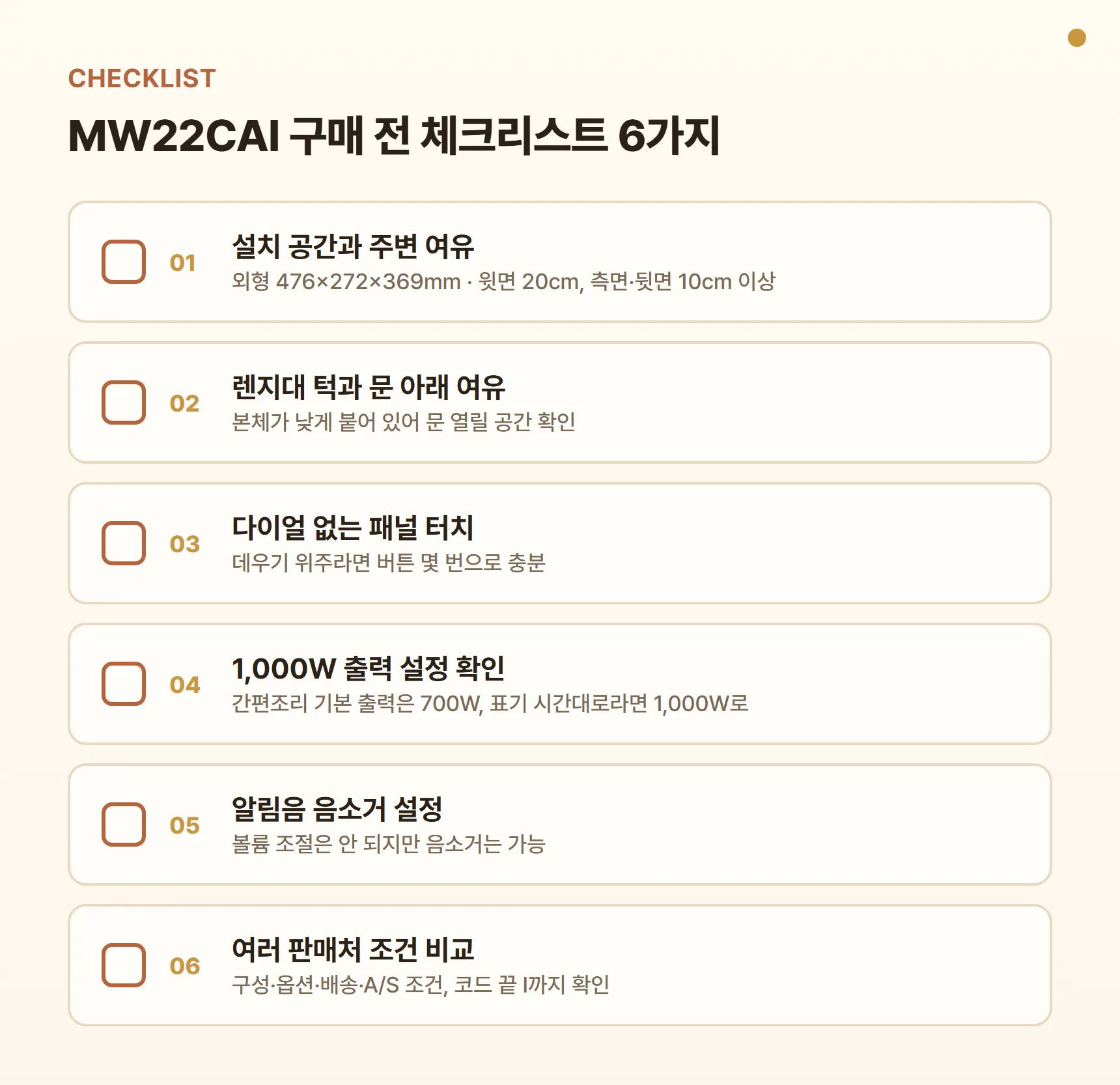 MW22CAI 구매 전 체크리스트 - 설치 공간 476×272×369mm와 윗면 20cm·측면 10cm 여유, 렌지대 턱과 문 아래 여유, 다이얼 없는 패널 터치, 1,000W 출력 설정 확인, 알림음 음소거 설정, 여러 판매처 구성·배송·A/S 조건 비교