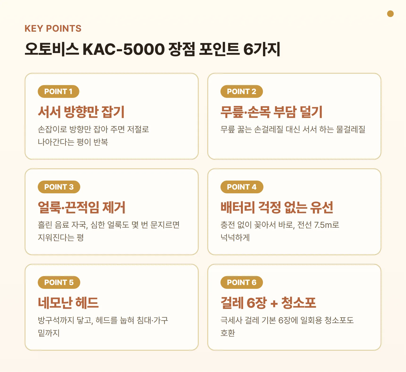 오토비스 KAC-5000 장점 포인트 카드 - 서서 방향만 잡는 걸레질, 무릎·손목 부담 덜기, 얼룩·끈적임 제거, 배터리 걱정 없는 유선 7.5m, 네모난 헤드로 구석 청소, 극세사 걸레 6장+청소포 호환