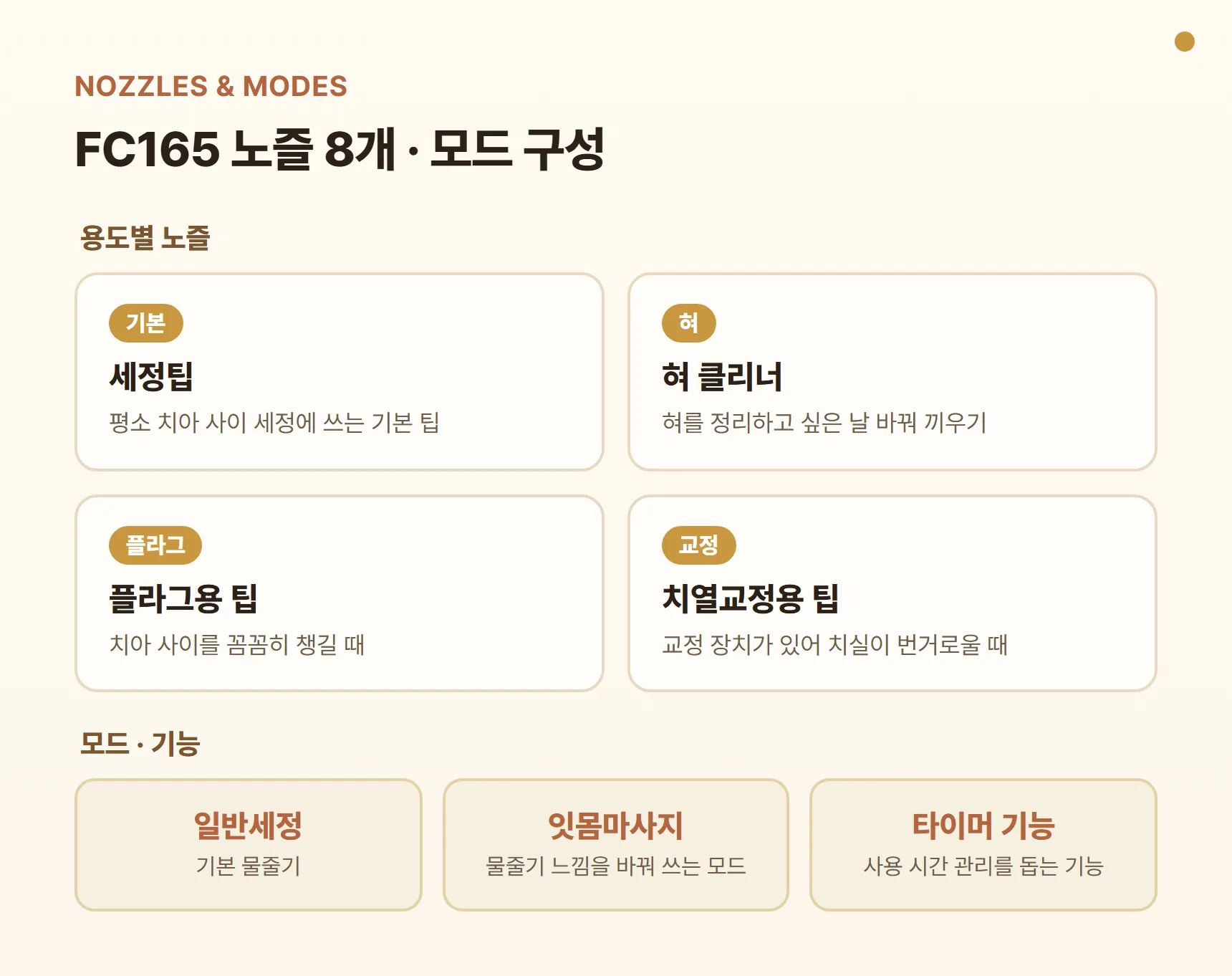 스마일165 FC165 노즐·모드 구성 카드 - 기본 세정팁, 혀 클리너, 플라그용 팁, 치열교정용 팁 / 일반세정·잇몸마사지 모드, 타이머 기능