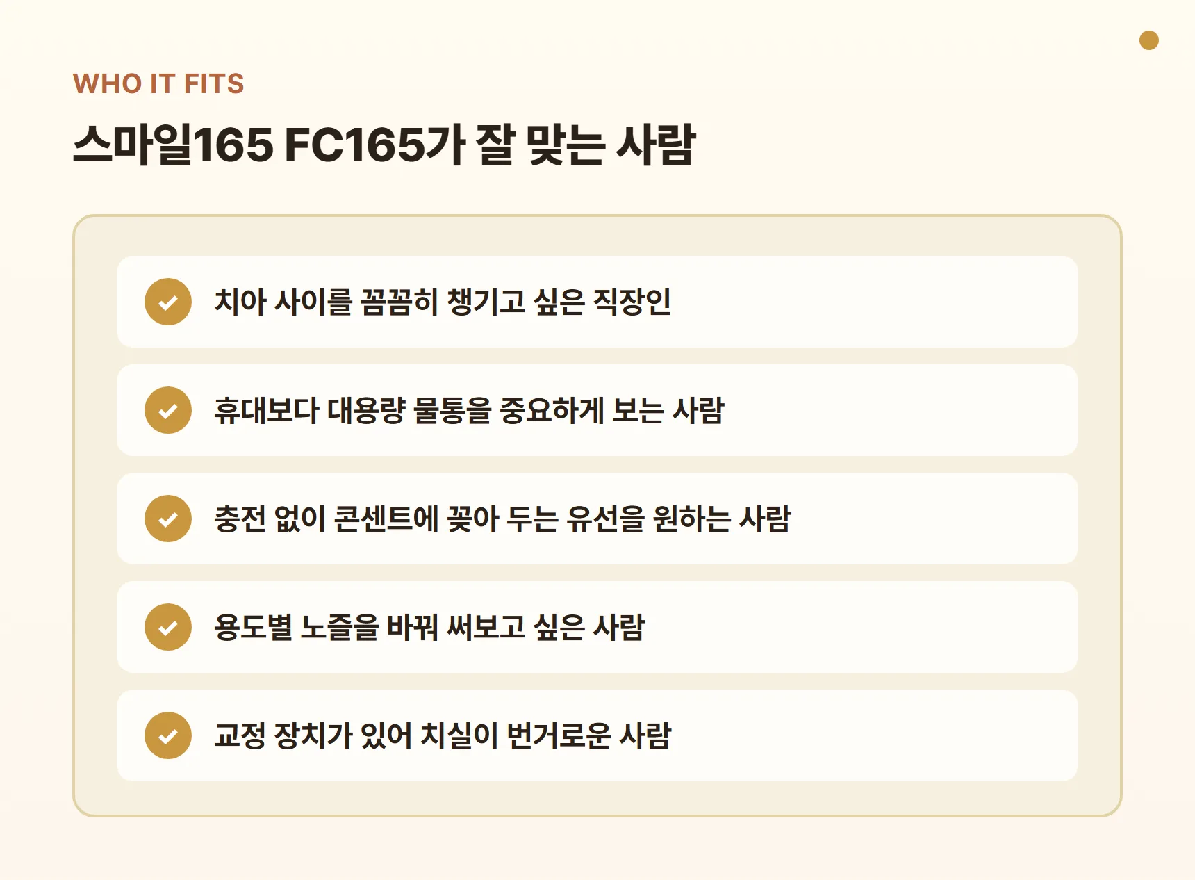스마일165 구강세정기 FC165가 잘 맞는 사람 - 치아 사이를 꼼꼼히 챙기고 싶은 직장인, 대용량 물통 선호, 충전 없는 유선 선호, 용도별 노즐 활용, 교정 장치가 있어 치실이 번거로운 사람